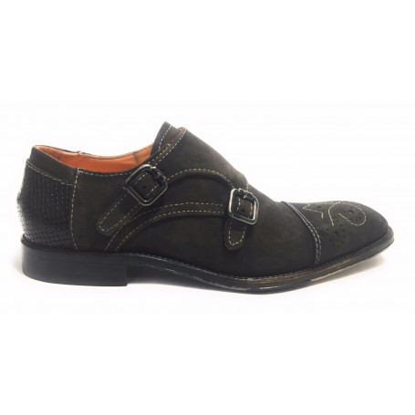 Scarpe uomo Lorenzi con doppia fibbia in pelle camoscio moro US17LO4