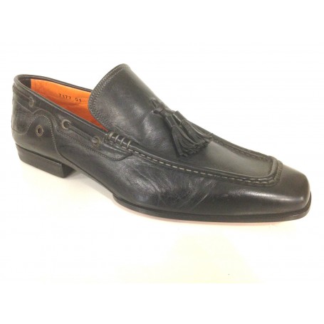 SCARPE UOMO SANTONI MOCASSINO TUBOLARE VACCHETTA NERA CON NAPPE  FATTA MANO 57