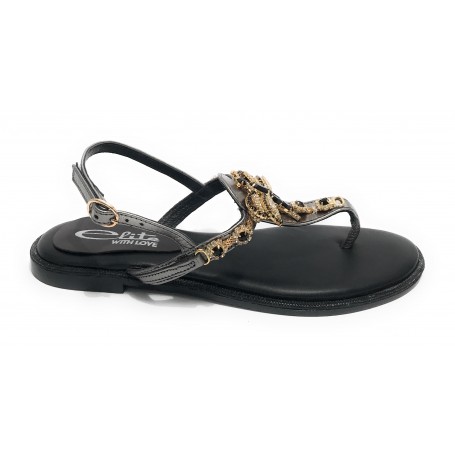 Scarpe donna  sandalo in pelle nero con strass DS23EL16 2214