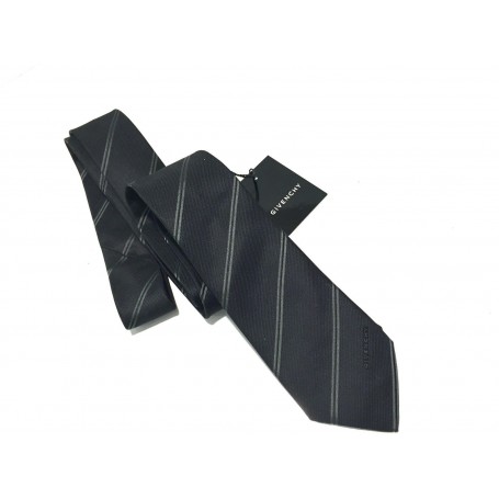 CRAVATTA UOMO GIVENCHY 100% SETA FALDA 7CM REGIMENTAL NERO BANDE GRIGIO   G5